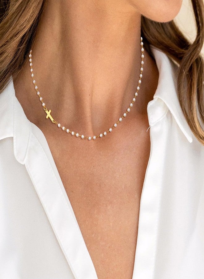 VIROMY Gold Pearl Cross Necklace for Women - Dainty Sidways Cross Pendant Necklace Pearls Beaded Necklaces Pearl Chain Choker Necklaces Faith Jewelry Religious Gifts for Women - Image 3